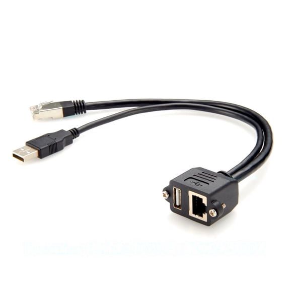 Generic Dual USB 2.0 RJ45 Cat5e Ethernet Combo Extension Cable RJ45 8P8C USB Type-A Male to Female Screw Panel Chassis Feedthrough Cable