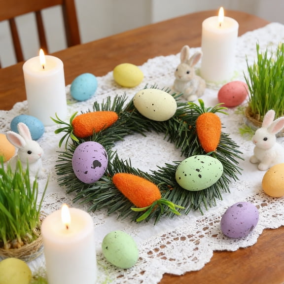 Generic Easter Egg Wreath Artificial Flower Wreath Spring Hanging Ornament Front Door Hanging Garland for Spring Festival Wall Decor - Egg and Carrots