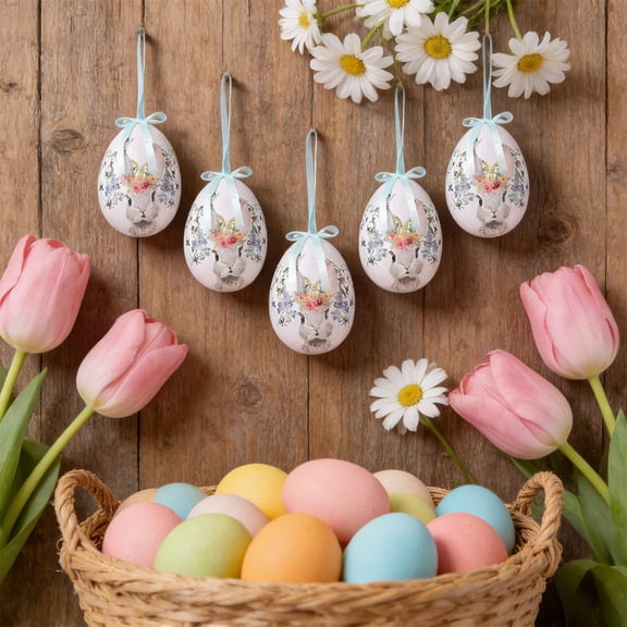 Generic Easter Eggs Hanging Ornaments, Colorful Foam Easter Hanging Eggs Decorations with Bow Bunny and Floral Designs for Tree Basket Filler Decor Party Favors