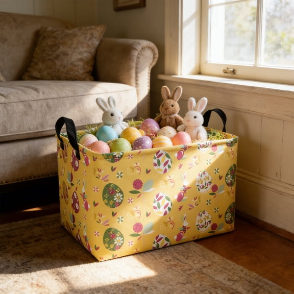 Generic Easter Storage Basket Bunny Egg Carrot Pattern Collapsible Toy Bin with Handles Large Canvas Organizer for Room Nursery Gift Basket Laundry Hamper Home Decor