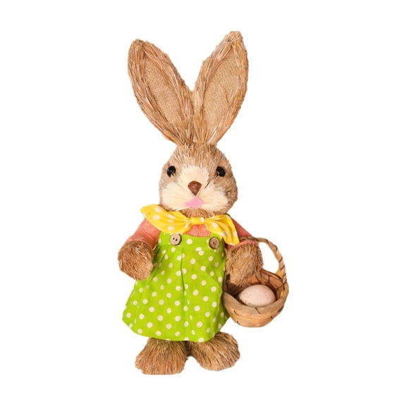 Generic Easter Straw Bunny Figurine Tabletop Decor, Blue Sisal Rabbit Holding Flower&Basket, Spring Party Garden Table Decor Centerpiece for Home Office Kitchen Farmhouse