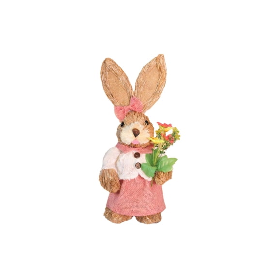 Generic Easter Straw Bunny Figurine Tabletop Decor, Blue Sisal Rabbit Holding Flower&Basket, Spring Party Garden Table Decor Centerpiece for Home Office Kitchen Farmhouse
