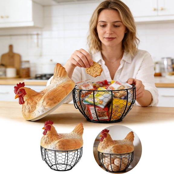 Generic Egg Basket Egg Collecting Basket Rustic Decorative Container Metal Wire with Chicken Shaped Lid for Pantry Vegetable Kitchen, Fruits & Bread