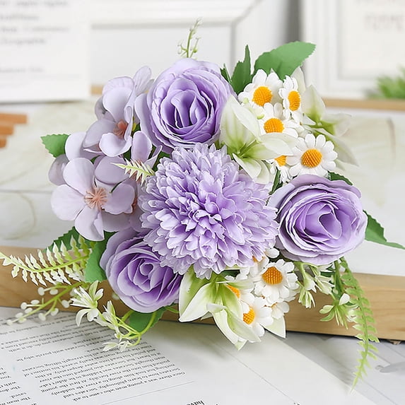 Generic Fake Flower Bouquet Purple Artificial Silk Flower Arrangements Faux Rose Peony Flowers for Bridal Bouquets Wedding Table Centerpieces Funeral Spring Decor