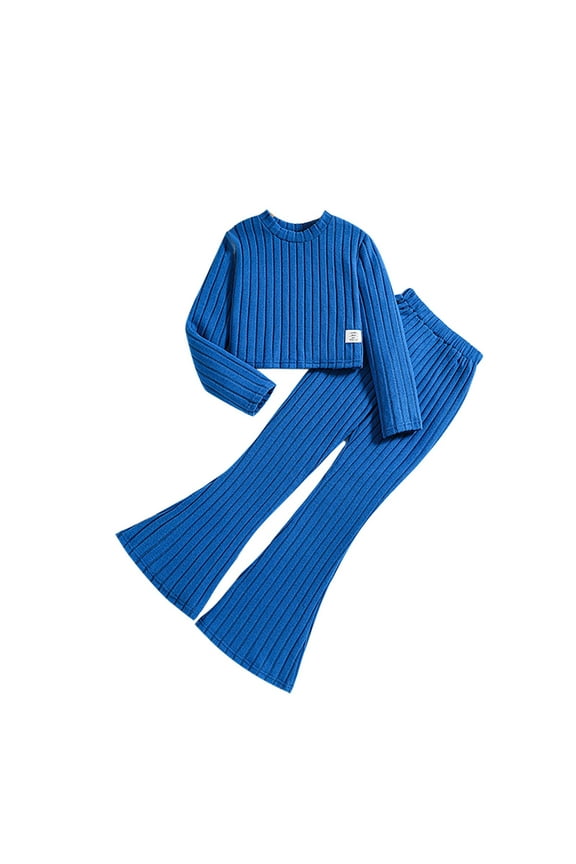 Fall Clothes For Kids Girls Big 2024 Autumn Winter New Long Sleeve Solid Color Stripe Top Flared Pants Set for Cute Casual Soft Comfortable Breathable(10 Years,Blue)