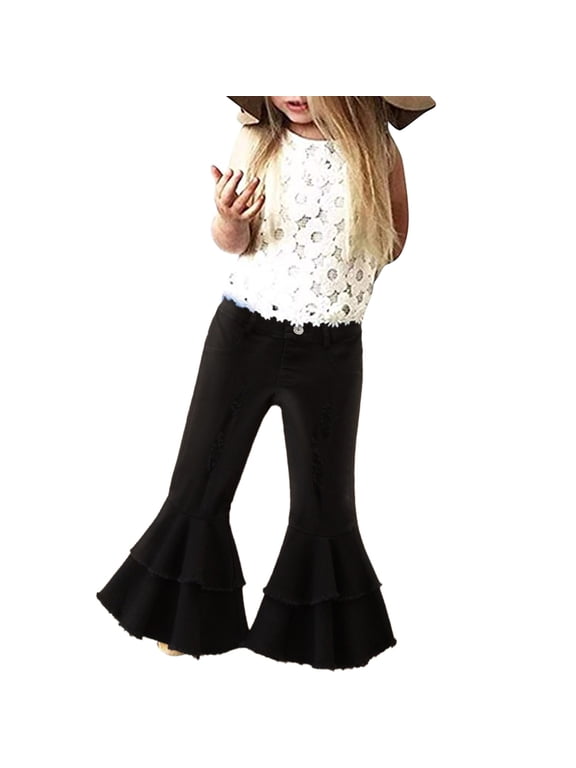 Fall Fashion 2024 Toddler Denim Bell Bottom Pants Baby Girls Trousers Two Ruffles Flare Ripped Jeans for Kids Cute Breathable Clothes(5-6 Years,Black)