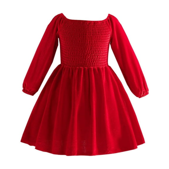 Generic Fashion Girls Christmas Long Sleeve Solid Color Dress Western Girl Corduroy Red New Year Casual A-Line Vintage Party Dress Fall Clothes(4-5 Years,Red)