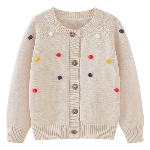 Generic Fashion Sweaters for Children's Toddler Boys Girls Crew Neck Cardigan Sweater Autumn/Winter Colorful Hairball Solid Color Knitted Jacket Party Birthday School(12-18 Months,Beige)