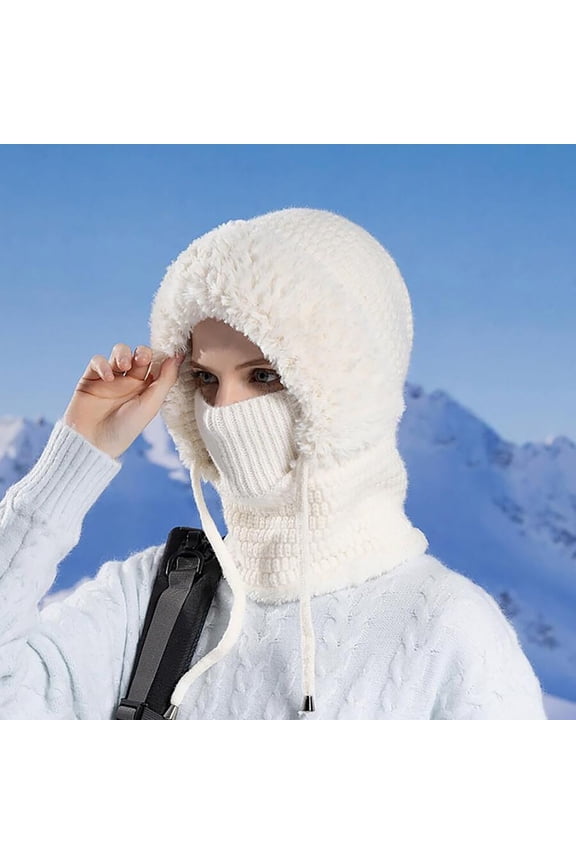 Generic Female Faux Fur Lined Balaclava Beanie Winter Knitted Hat Warm Cycling Ski Women Windproof Hood Heavyweight Thermal Men And Women Knit Beanie