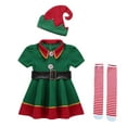 thumbnail image 1 of Generic Festive Holiday Apparel Christmas Girls Lapel Short Sleeved Dress Belt Hat Striped Stocking Set 4 Piece for 2024 New Vintage Holiday Party Clothing(3-4 Years,Green), 1 of 3