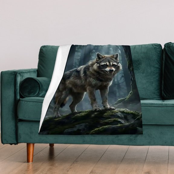 Generic, Fierce Wolf Raccoon Hybrid Moonlit Forest Fantasy Flannel Throw, 30" x 50"