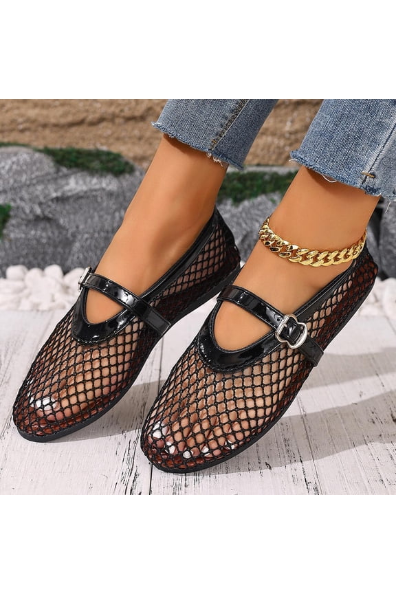Fishnet Style Ballet Flats for Women, Breathable High Top Mesh Shoes with Adjustable Strap and Non-Slip Rubber Sole