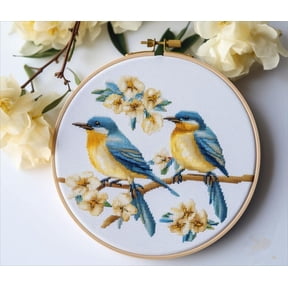 Generic Floral Blue Birds Cross Stitch Kits with Hoop for Beginners Stamped Cross-Stitch Supplies Needlework DIY 11CT 3 Strands Cotton Thread Printed DIY Needlepoint Kits 3535cm (CB74)