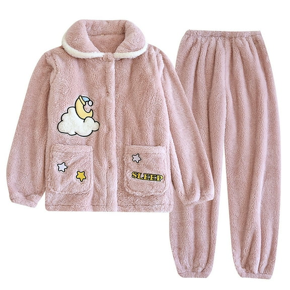 Generic Fluffy Pajamas Set for Women Soft Comfy Fleece Pullover Top Loose Plush Sleep Pants Cute Printed Loungewear for Winter