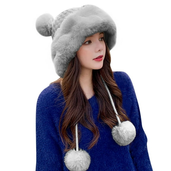 Generic Fluffy Pom Pom Earflap Beanie For Women Winter Pompom Beanie Hats For Women Knit Womens Beanie Crochet Skull Hat Warm Bucket Outdoor Ear Cover Men And Women Pom Beanie