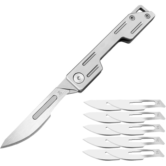 Generic Folding Knife Scalpel with 10 Interchangeable Blades Figure 24, Utility EDC Pocket Knife for Men & Women, Silver