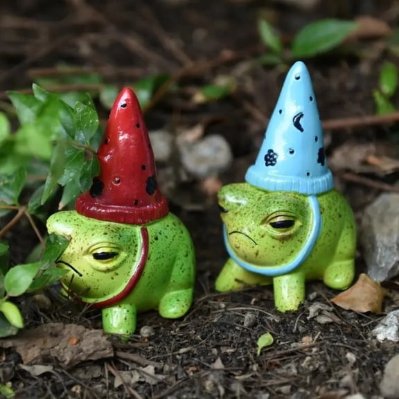 Generic Frog Statue with Party Hat, Ceramic Garden Decor for Yard and Home, Set of 2