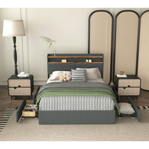 Generic Full Bed Frame with 4 Drawers, Storage Platform, Headboard, LED Light & Charging Station