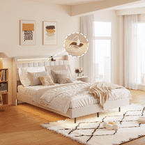 Generic Full Floating Bed Frame with LED Light and Charging Station Upholstered Platform Bed Frame Queen Size with Headboard and Hidden Storage Space, No Box Spring Needed, Beige