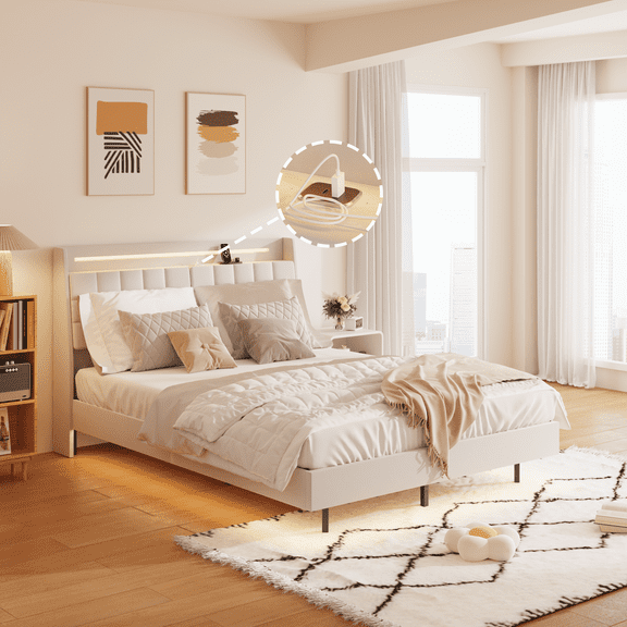 Generic Full Floating Bed Frame with LED Light and Charging Station Upholstered Platform Bed Frame Queen Size with Headboard and Hidden Storage Space, No Box Spring Needed, Beige