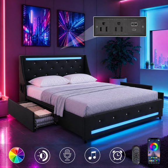 Generic Full Size Bed Frame - Black with Wingback Headboard & Storage Drawers 145x60x16cm