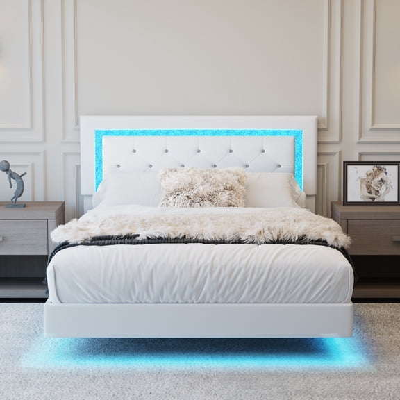 Generic Full Size Bed Frame with Headboard - Beige Floating Bed Frame with LED Lights Upholstered Platform Bed