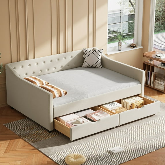 Generic Full Size Daybed with Drawers Upholstered Tufted Sofa Bed, with Button on Back and Piping on Waved Shape Arms-Beige