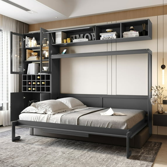 Generic Full Size Murphy Bed Wall Bed with Sofa , Shelves USB & Light ,Gray