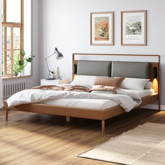 Newest Full Size Platform Bed Frame with 2 LED Night Lights - 800lb Capacity, No Box Spring Needed, Adjustable Headboard Lighting, Brown & Gray Faux Leather for Modern Bedrooms