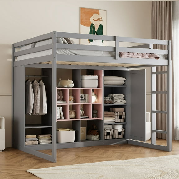 Generic Full Size Wood Loft Bed with Wardrobe, shelves and Cabinet, Gray+Pink