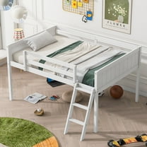 Generic Full Size Wood Low Loft Bed with Ladder, ladder can be placed on the left or right, White