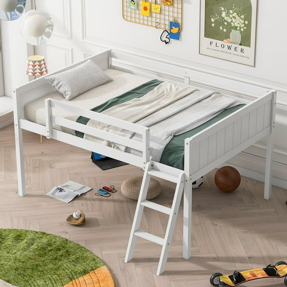 Generic Full Size Wood Low Loft Bed with Ladder, ladder can be placed on the left or right, White