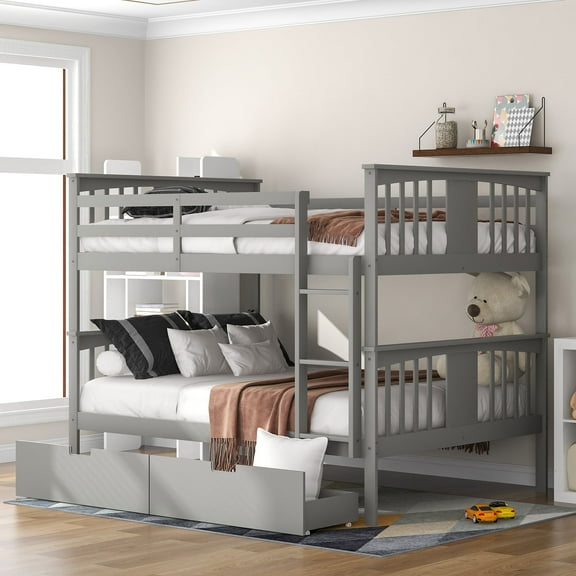 Newest Full over Full Bunk Bed with Drawers and Ladder for Bedroom, Guest Room Furniture-Gray