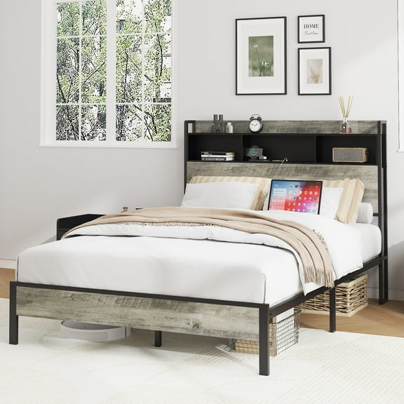 Generic Full size bed frame, wooden platform bed frame, with storage and 2 USBs, no noise, no need for box springs, easy to assemble tools, large storage space under the bed, Antique Gray