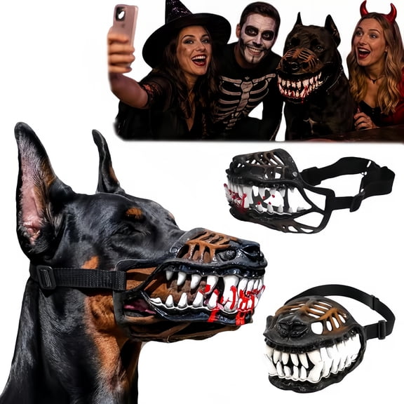 Generic Funny Werewolf Dog Muzzle with Scary Teeth, Breathable Anti Bite Bark Basket Dog Muzzles for Halloween Party