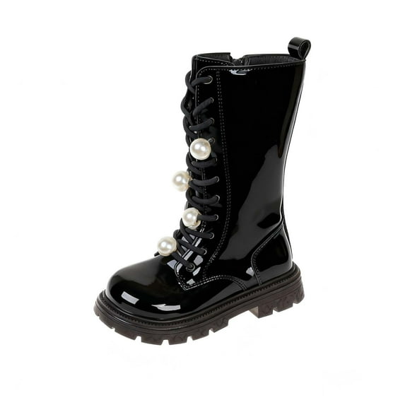 Generic Girl Lace Up White Boots Mid Calf Riding Combat Boot PU Leather Side Zipper Punk Goth Boots for Kids 4-12 Years