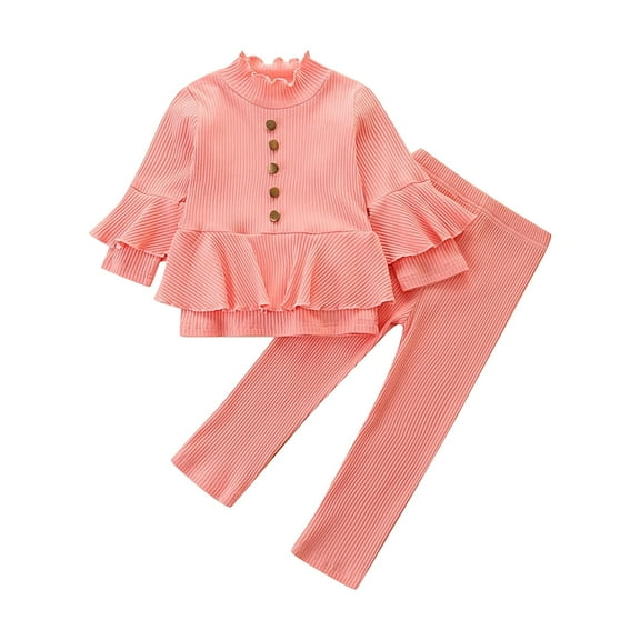Generic Girl Tops Toddler Baby Girl Autumn Clothes Loog Sleeve Ruffle Top Trousers Pants Set Baby Bell Bottoms Fall Winter Outfits(5-6 Years,Pink)