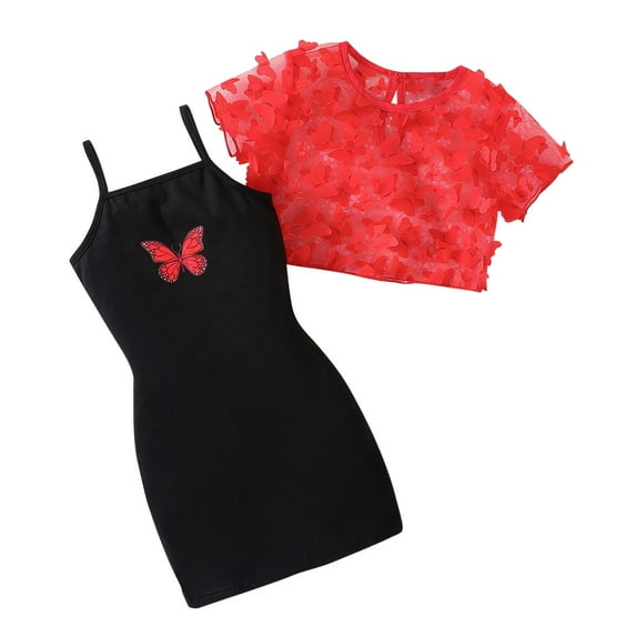 Generic Girl's 2 Piece Outfit Kids Mesh Short Sleeve Crop Top and Butterfly Print Cami Bodycon Dress Set for 4-7 Years