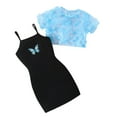thumbnail image 1 of Generic Girl's 2 Piece Outfit Kids Mesh Short Sleeve Crop Top and Butterfly Print Cami Bodycon Dress Set for 4-7 Years, 1 of 4