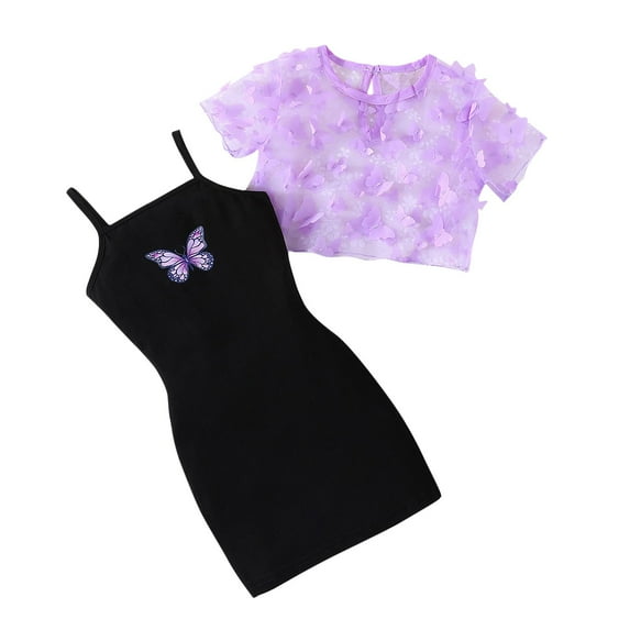 Generic Girl's 2 Piece Outfit Kids Mesh Short Sleeve Crop Top and Butterfly Print Cami Bodycon Dress Set for 4-7 Years
