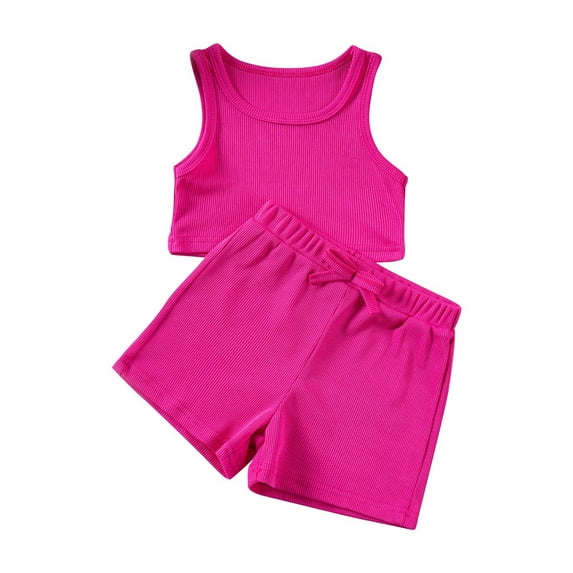 Generic Girl's 2 Piece Outfits Workout Set Seamless Ribbed Cropped Tank Tops and Athletic Shorts Summer Kids for 1-7 Years