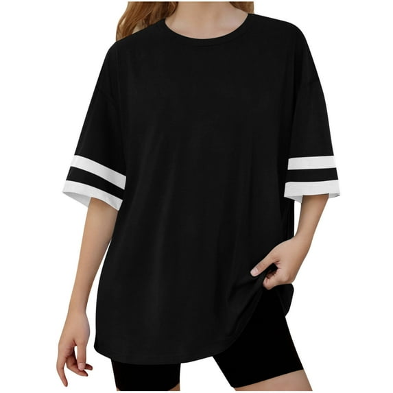 Generic Girl's Oversized Striped T Shirts Summer Short Sleeve Crewneck Loose Fit Tunic Tops Casual Blouses for 4-15Years