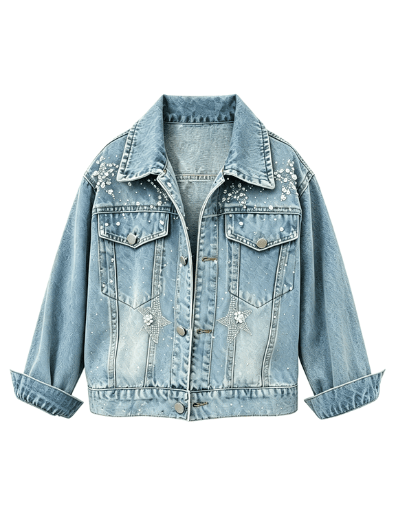 Girl's Sparkly Star Denim Jacket Long Sleeve Button down Jean Jacket Kid Cute Outerwear Oversized Trucker Coat Y2K Streetwear