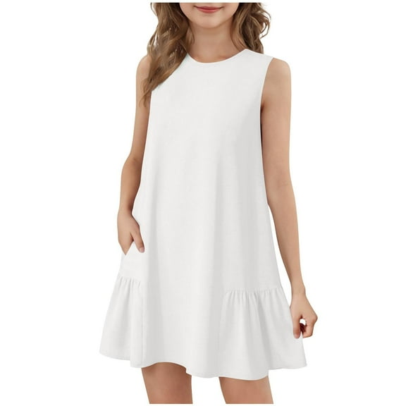 Generic Girl's Summer Dresses Pleated Fashion Solid Color Soft Sleeveless Dress Casual Crew Neck Dresses for 5-15 Years