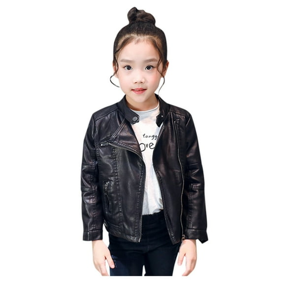 Generic Girls Autumn Winter Girl Boy Kids Baby Outerwear Leather Coat Cool Jacket Clothes for Outdoor Classic Comfortable(12-18 Months,Black)