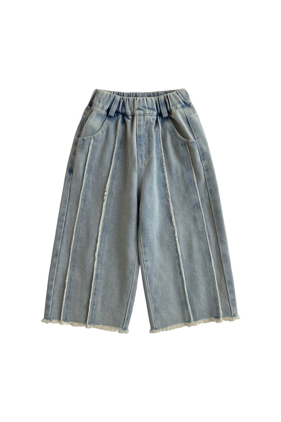 Girls Baggy Jeans Casual Front Line Elastic Waist Wide Leg Denim Pants Kids Y2K Vintage Frayed Hem Casual Loose Fit Trousers