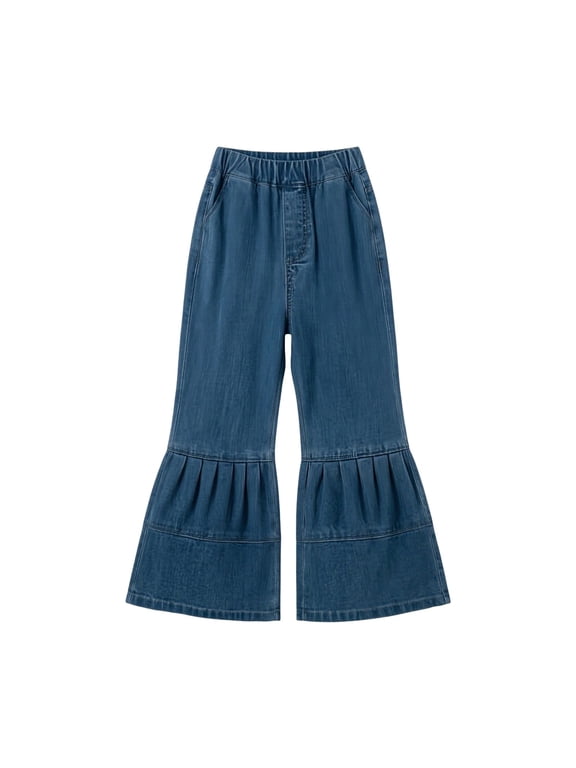 Girls Bo𝐨tcut Jeans Ruffle Hem Flared Jeans Casual Loose Bell Bottoms/High Elasticated Waist Stretch Palazzo Pants