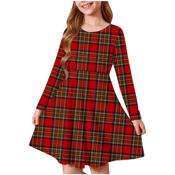 Generic Girls Buffalo Plaid Dress Kids Long Sleeve Check Midi Dresses for Girls Fall Kids Holiday Dress 4-14 Years