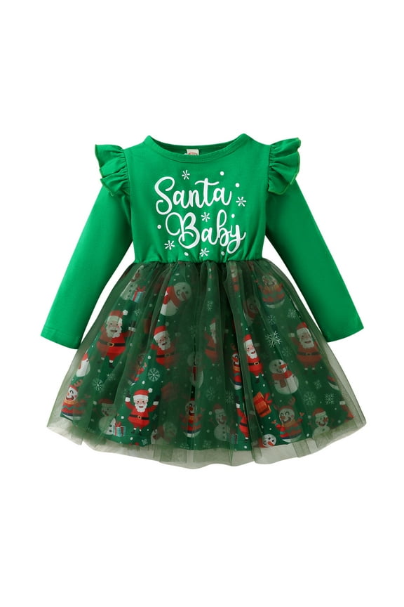 Girls Child Christmas Long Sleeve Snowman Prints Tulle Dresses Splicing Princess Dress Autumn Winter Clothes for Holiday Party Christmas(18-24 Months Green)