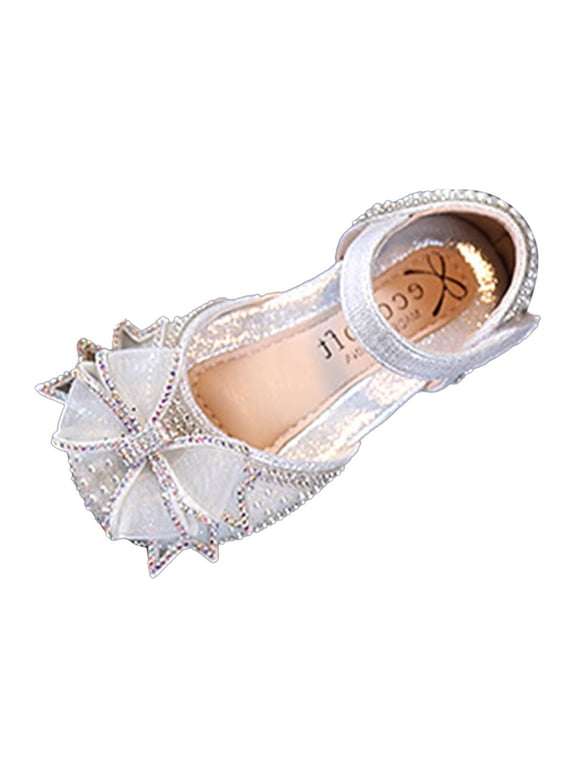 Girls Childrens Bowknot Performance Dance Shoes Pearl Rhinestones Shining Kids Princess Shoes Gymnastic Slides Soft Sole Dress Sandals